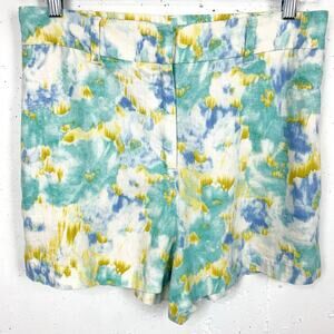 Christian Lacroix Linen Blend Shorts Watercolor Print Zip Fly Pockets Medium